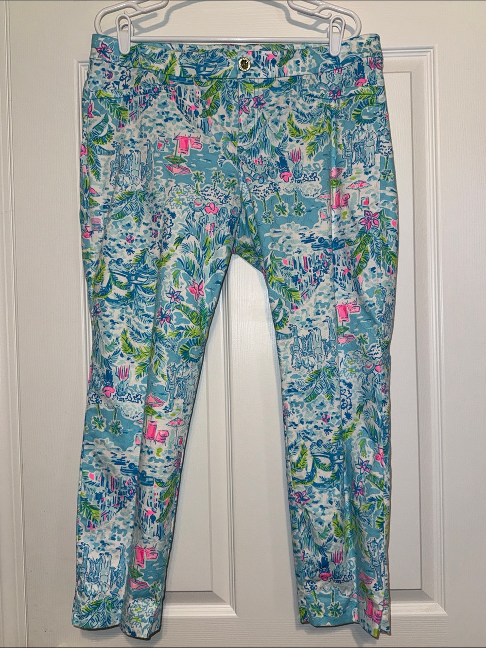 Lilly Pulitzer Light Blue Tropical Print Cropped Pants with Pink & Green Accents